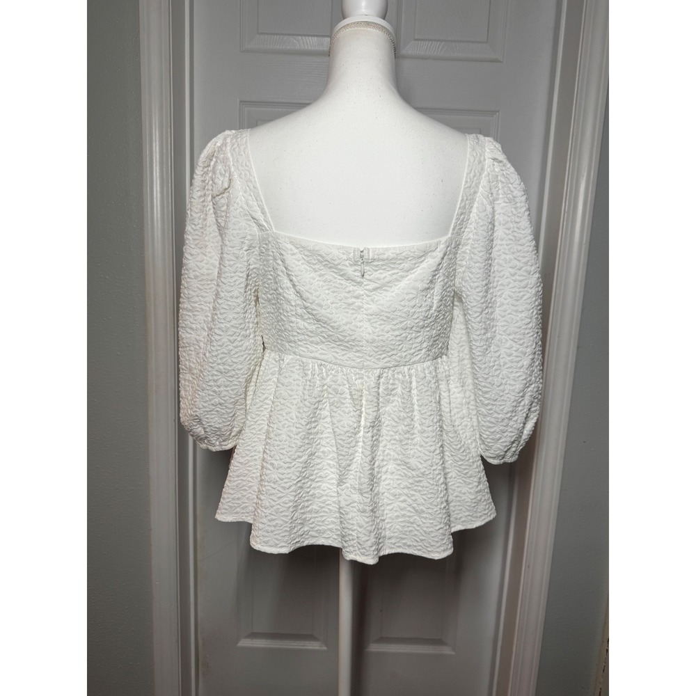 TCEC Peplum Puff Sleeve Babydoll Top Large White Textured Jacquard - Picture 5 of 7